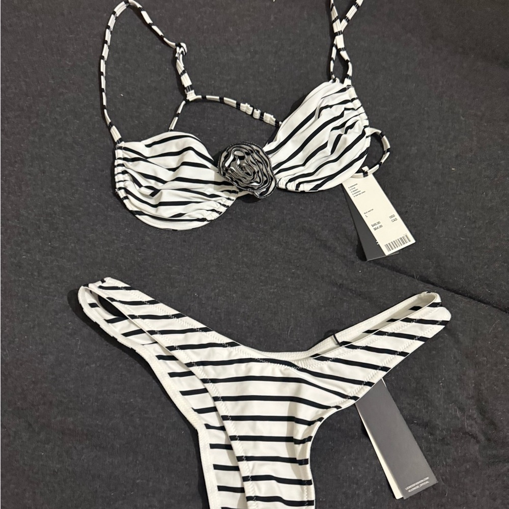Lioness Swim Black and White Striped Bikini Set with Rosette